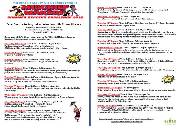 August events at Wandsworth Town Library
