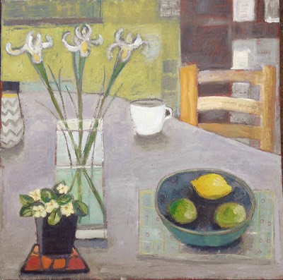 Irises, lemon and limes, yellow background- Jo Sharpe