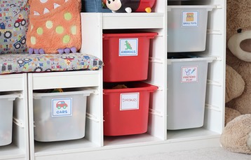 toy storage with labels